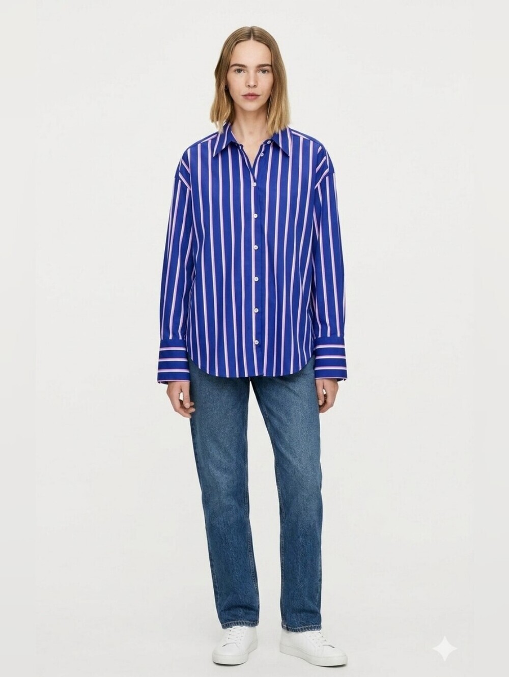 Zara Striped Poplin Button-Down Blouse Oversize SizeXS Blue Pink & white ptp 23"